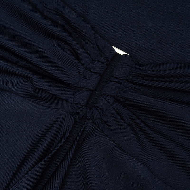 Fall Chic: Midnight Navy Long Sleeve Ruched Bodycon Mini Dress with Draped Front