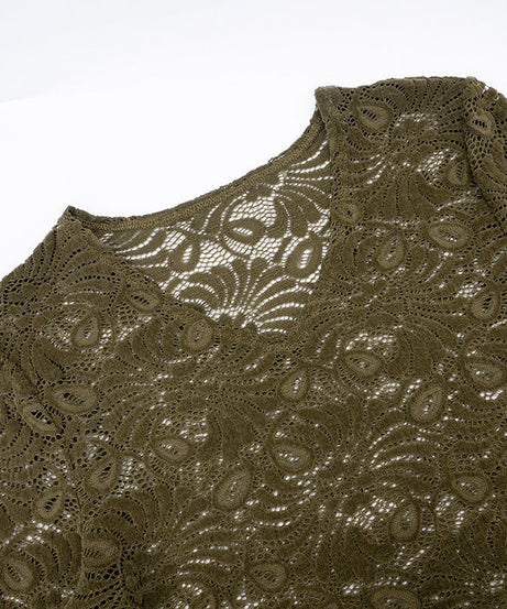 Chic Olive Green Lace V-Neck Top - Effortless Fall Layering Essential