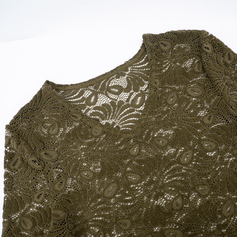 Chic Olive Green Lace V-Neck Top - Effortless Fall Layering Essential