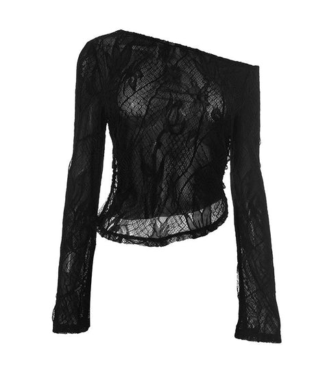 Mystic Noir Sheer Lace One-Shoulder Top - Edgy Long Sleeve for Fall & Party Nights