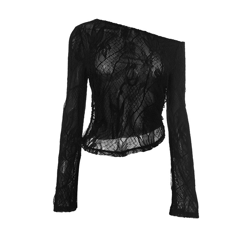 Mystic Noir Sheer Lace One-Shoulder Top - Edgy Long Sleeve for Fall & Party Nights