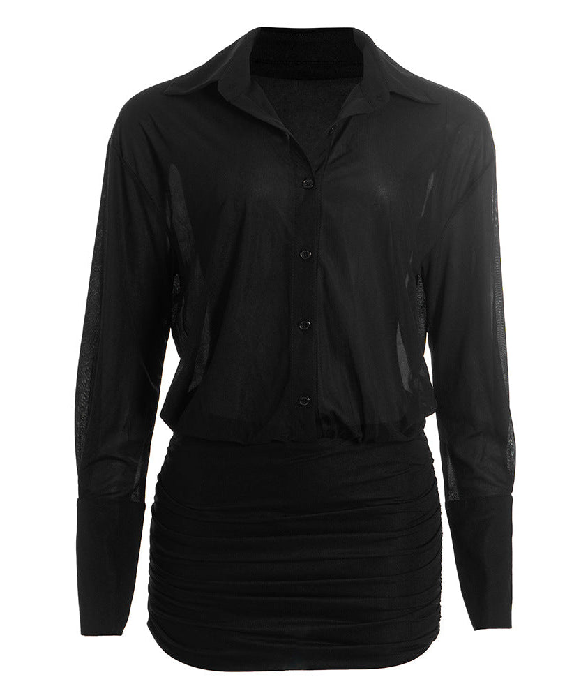Fall Chic: Sheer Button-Down Ruched Mini Dress - Your Go-To for American Nights Out
