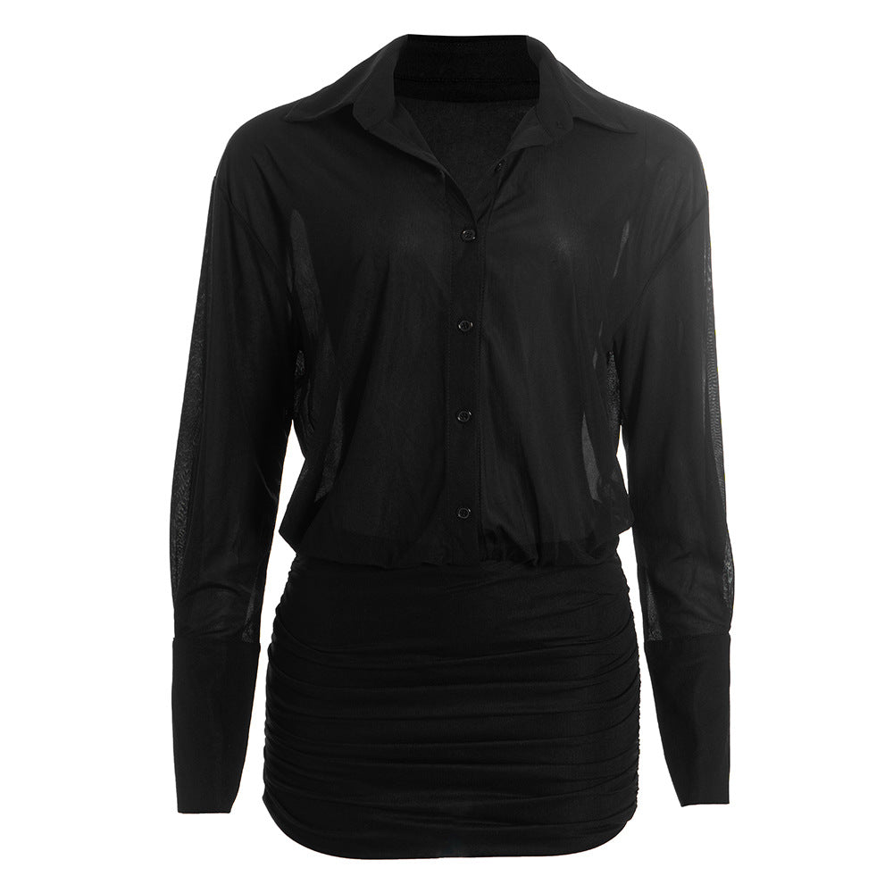 Fall Chic: Sheer Button-Down Ruched Mini Dress - Your Go-To for American Nights Out