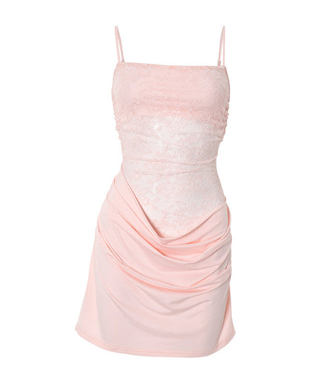 Blush Pink Lace Ruched Mini Dress - Elegant Square Neck Cami for Fall & Holiday Parties