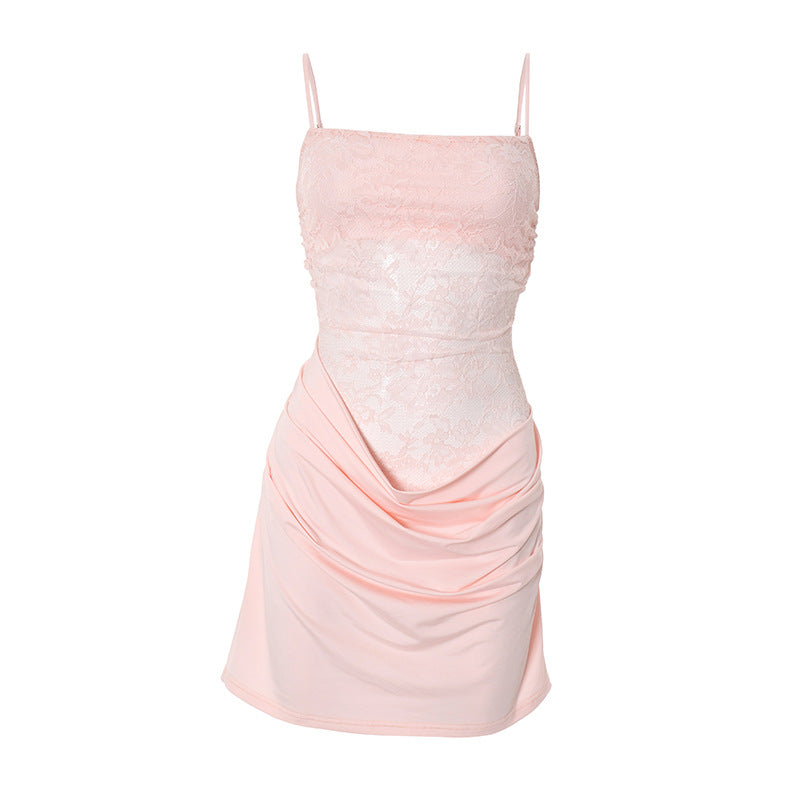 Blush Pink Lace Ruched Mini Dress - Elegant Square Neck Cami for Fall & Holiday Parties