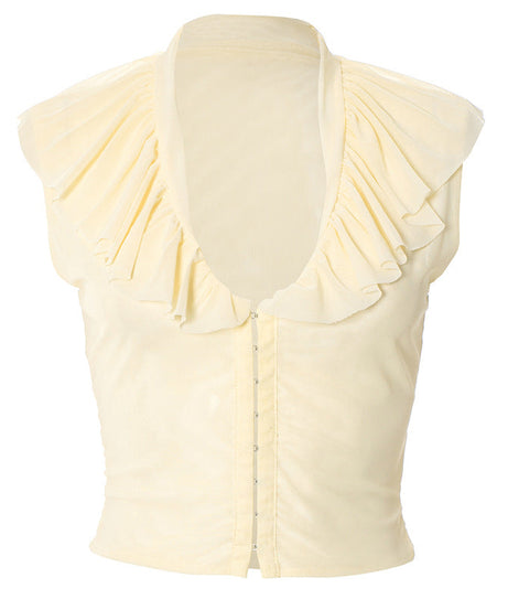 Autumn Whisper Ruffled Mesh V-Neck Top with Hook-Eye Closure | Chic Fall Layering