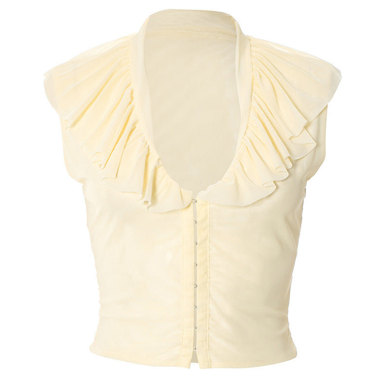 Autumn Whisper Ruffled Mesh V-Neck Top with Hook-Eye Closure | Chic Fall Layering