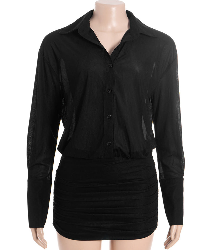 Fall Chic: Sheer Button-Down Ruched Mini Dress - Your Go-To for American Nights Out