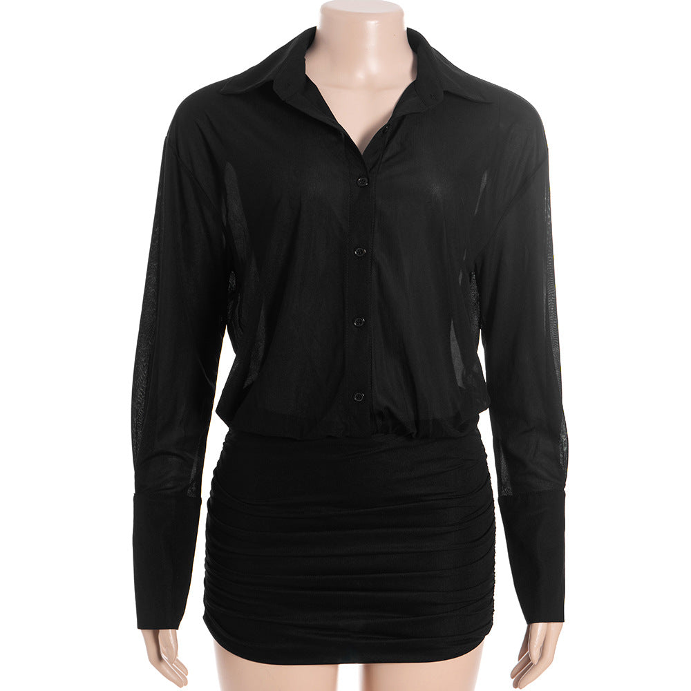 Fall Chic: Sheer Button-Down Ruched Mini Dress - Your Go-To for American Nights Out