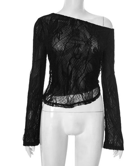 Mystic Noir Sheer Lace One-Shoulder Top - Edgy Long Sleeve for Fall & Party Nights