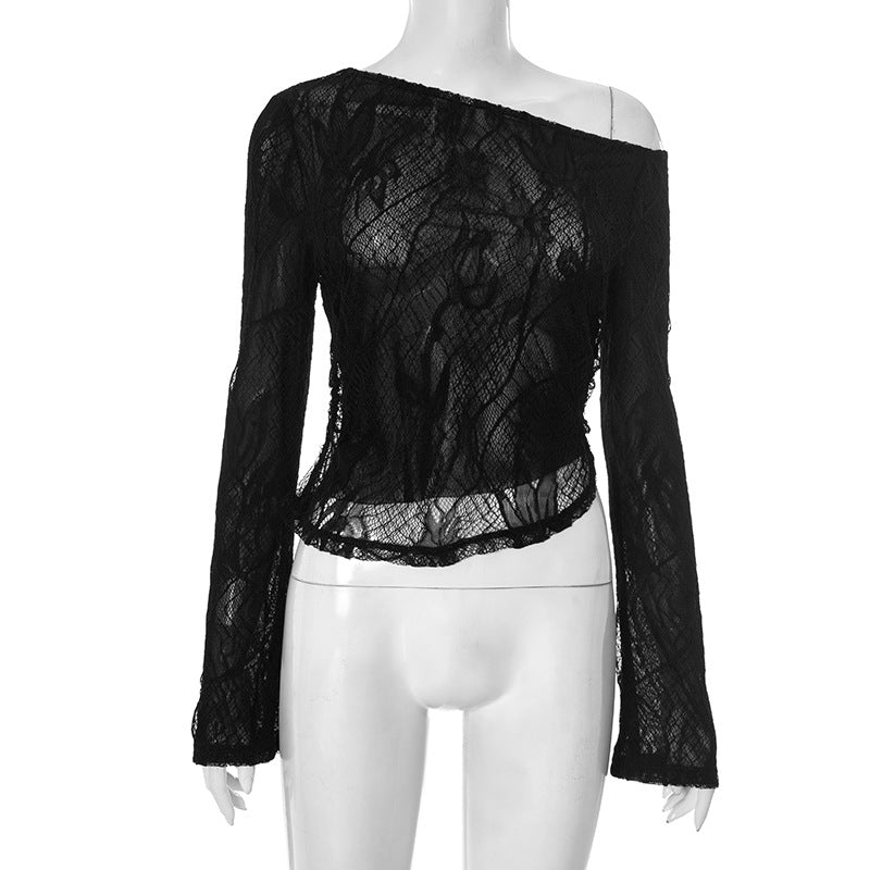 Mystic Noir Sheer Lace One-Shoulder Top - Edgy Long Sleeve for Fall & Party Nights