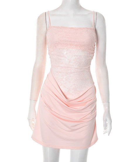 Blush Pink Lace Ruched Mini Dress - Elegant Square Neck Cami for Fall & Holiday Parties