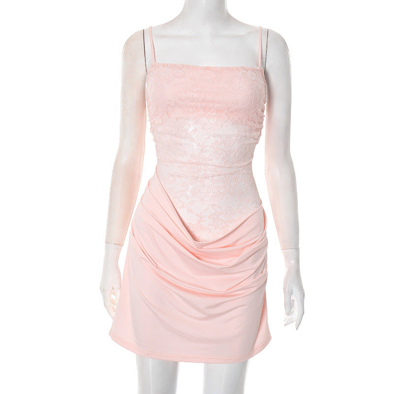 Blush Pink Lace Ruched Mini Dress - Elegant Square Neck Cami for Fall & Holiday Parties