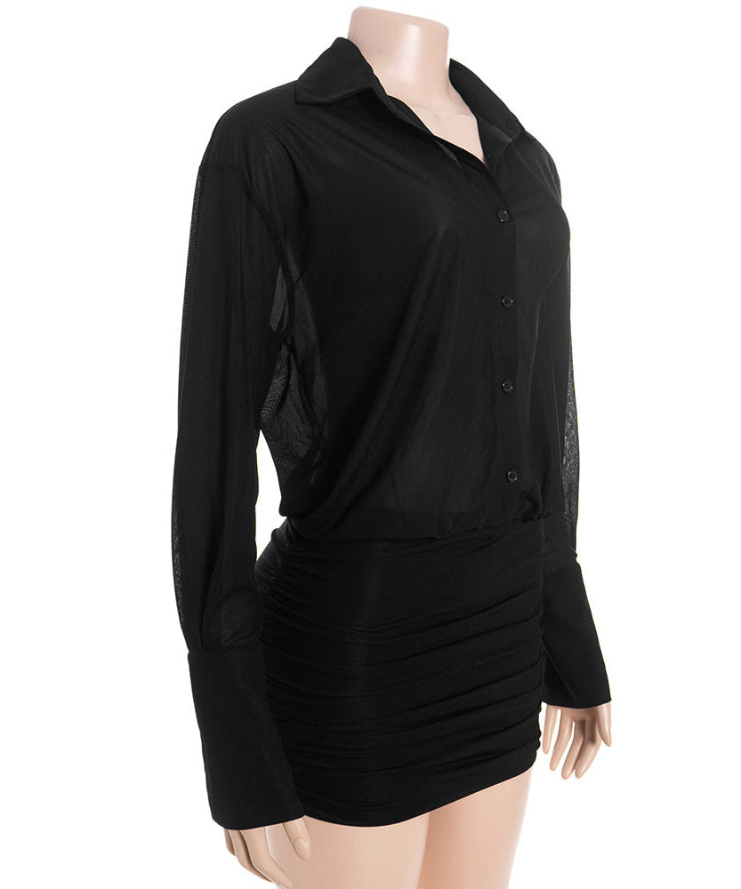 Fall Chic: Sheer Button-Down Ruched Mini Dress - Your Go-To for American Nights Out