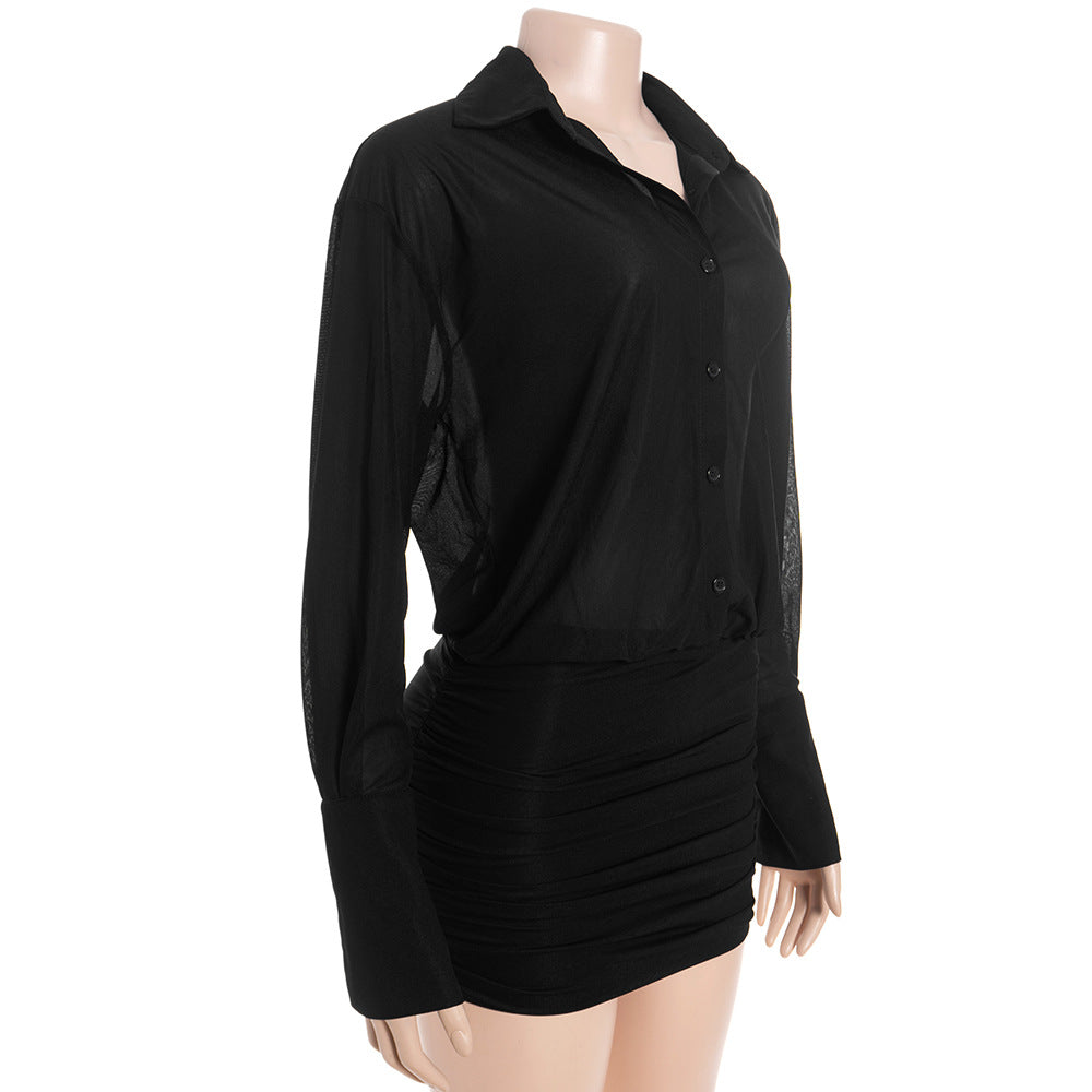 Fall Chic: Sheer Button-Down Ruched Mini Dress - Your Go-To for American Nights Out