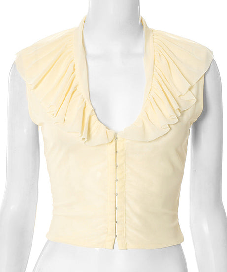 Autumn Whisper Ruffled Mesh V-Neck Top with Hook-Eye Closure | Chic Fall Layering
