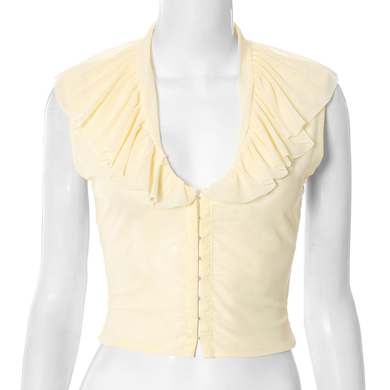 Autumn Whisper Ruffled Mesh V-Neck Top with Hook-Eye Closure | Chic Fall Layering