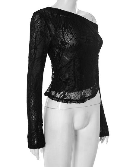 Mystic Noir Sheer Lace One-Shoulder Top - Edgy Long Sleeve for Fall & Party Nights