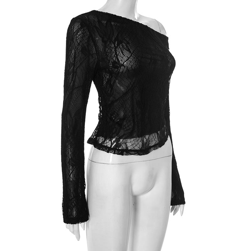 Mystic Noir Sheer Lace One-Shoulder Top - Edgy Long Sleeve for Fall & Party Nights