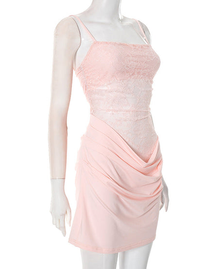 Blush Pink Lace Ruched Mini Dress - Elegant Square Neck Cami for Fall & Holiday Parties