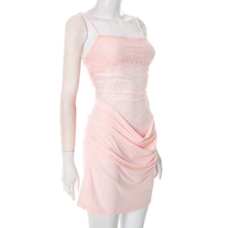 Blush Pink Lace Ruched Mini Dress - Elegant Square Neck Cami for Fall & Holiday Parties