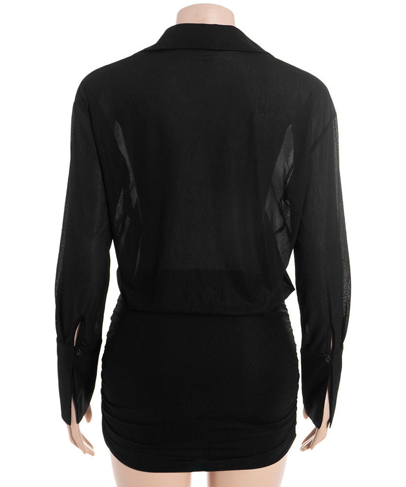Fall Chic: Sheer Button-Down Ruched Mini Dress - Your Go-To for American Nights Out