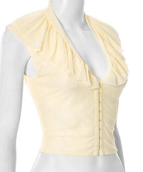 Autumn Whisper Ruffled Mesh V-Neck Top with Hook-Eye Closure | Chic Fall Layering