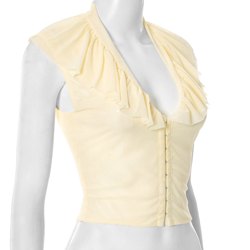 Autumn Whisper Ruffled Mesh V-Neck Top with Hook-Eye Closure | Chic Fall Layering