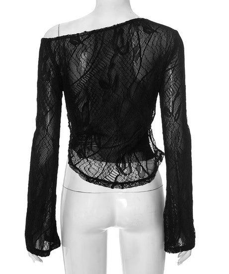 Mystic Noir Sheer Lace One-Shoulder Top - Edgy Long Sleeve for Fall & Party Nights