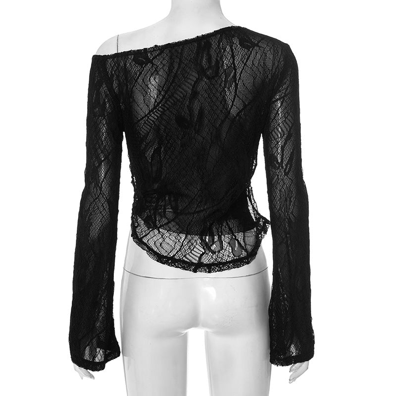 Mystic Noir Sheer Lace One-Shoulder Top - Edgy Long Sleeve for Fall & Party Nights