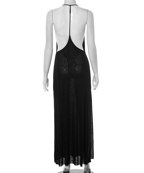 Fall & Holiday Ready: Daring Black Sheer Halter Backless Maxi Dress