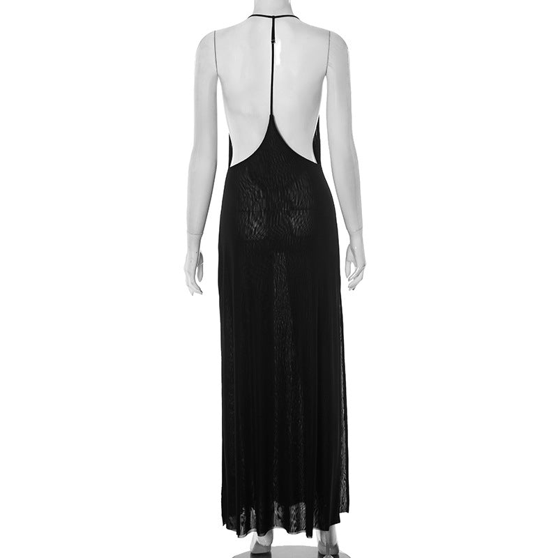 Fall & Holiday Ready: Daring Black Sheer Halter Backless Maxi Dress