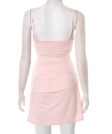 Blush Pink Lace Ruched Mini Dress - Elegant Square Neck Cami for Fall & Holiday Parties