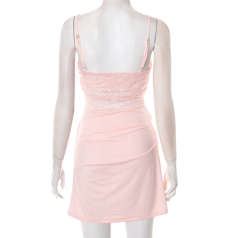 Blush Pink Lace Ruched Mini Dress - Elegant Square Neck Cami for Fall & Holiday Parties
