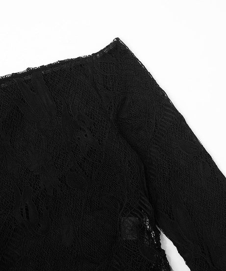 Mystic Noir Sheer Lace One-Shoulder Top - Edgy Long Sleeve for Fall & Party Nights