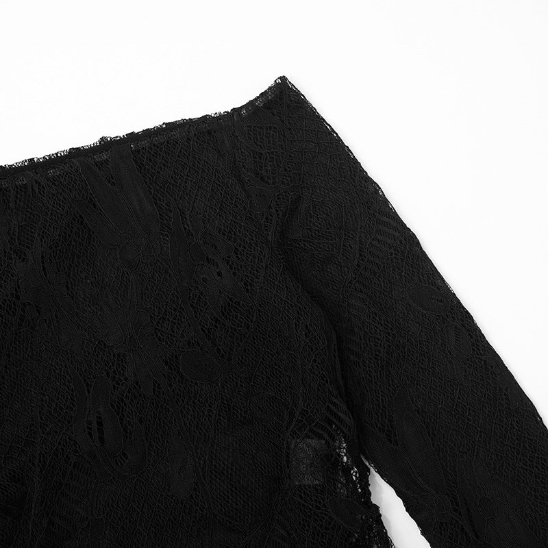 Mystic Noir Sheer Lace One-Shoulder Top - Edgy Long Sleeve for Fall & Party Nights