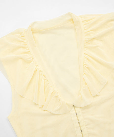 Autumn Whisper Ruffled Mesh V-Neck Top with Hook-Eye Closure | Chic Fall Layering