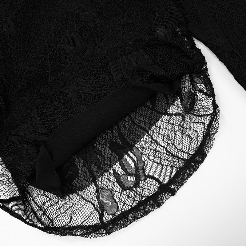 Mystic Noir Sheer Lace One-Shoulder Top - Edgy Long Sleeve for Fall & Party Nights