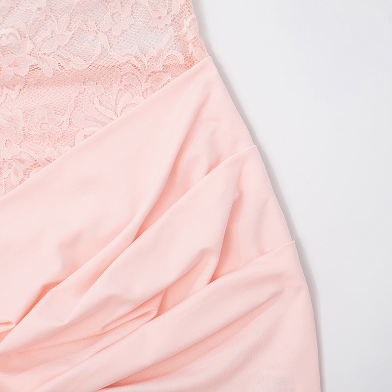 Blush Pink Lace Ruched Mini Dress - Elegant Square Neck Cami for Fall & Holiday Parties