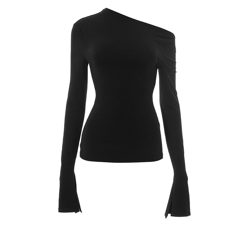 Elevated Fall Style: Chic Asymmetric One-Shoulder Long Sleeve Top with Split Cuffs