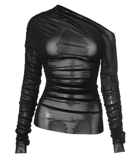 Black Mesh One-Shoulder Ruched Top | Sultry Fall & Holiday Party Style
