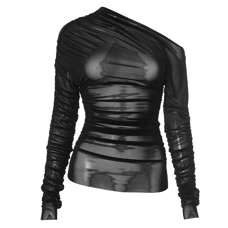 Black Mesh One-Shoulder Ruched Top | Sultry Fall & Holiday Party Style