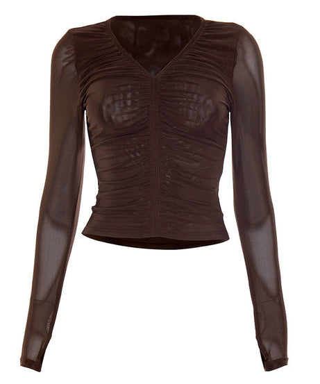 Sultry Espresso Mesh Ruched V-Neck Long Sleeve Top - Fall's Must-Have Layer