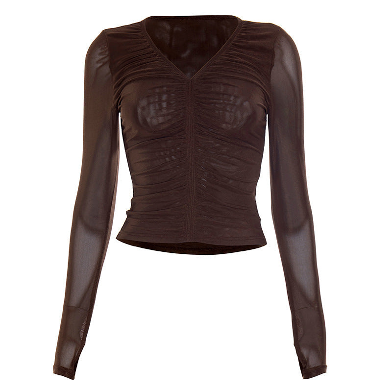 Sultry Espresso Mesh Ruched V-Neck Long Sleeve Top - Fall's Must-Have Layer