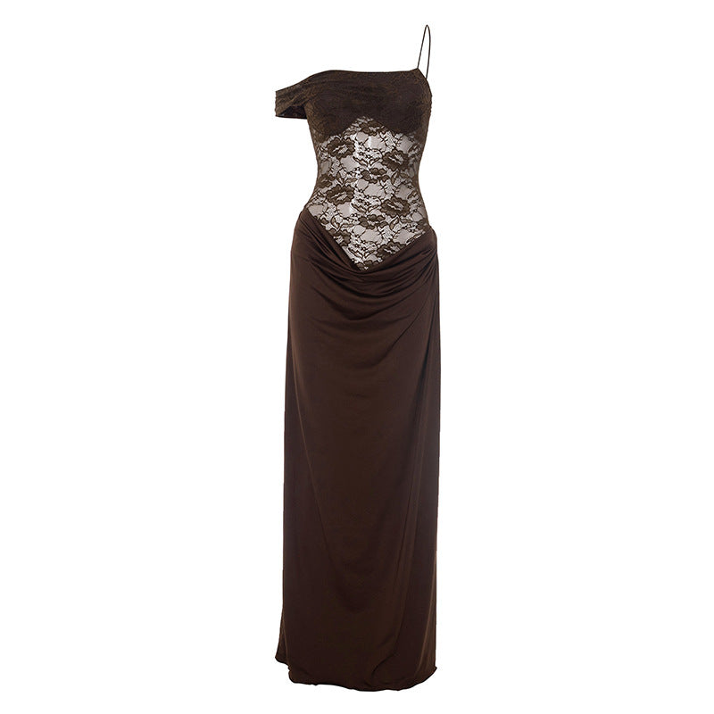 Fall & Holiday Glam: Espresso Lace Asymmetric Maxi Dress | One-Shoulder Evening Gown