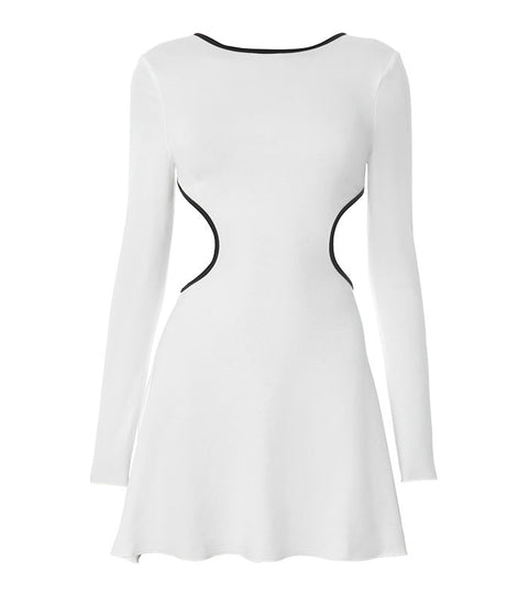 Statement Chic: White Long Sleeve Cutout Mini Dress with Contrast Trim | Fall & Holiday Party Ready