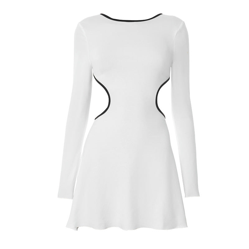 Statement Chic: White Long Sleeve Cutout Mini Dress with Contrast Trim | Fall & Holiday Party Ready