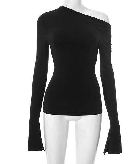 Elevated Fall Style: Chic Asymmetric One-Shoulder Long Sleeve Top with Split Cuffs