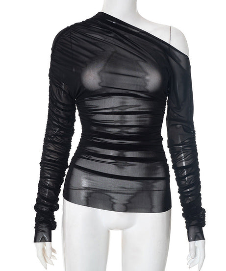 Black Mesh One-Shoulder Ruched Top | Sultry Fall & Holiday Party Style