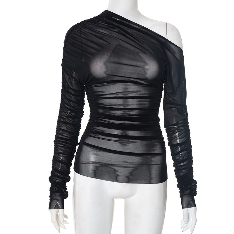 Black Mesh One-Shoulder Ruched Top | Sultry Fall & Holiday Party Style